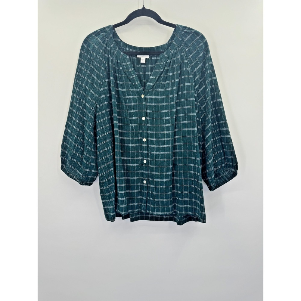 J Jill Green Black Plaid Peasant Top XL 3/4 Sleeve Button Front Preppy Heritage